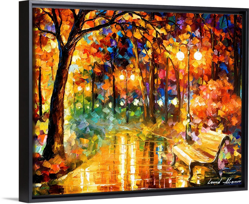 Contemporary colorful painting of wet sidewalk after a rain reflecting the lights and foliage all around.
