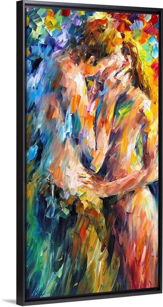 A contemporary vertical painting of two nude figures embracing; this painting has been created with broad abstract brushst...