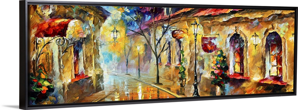 This energetically painted scene shows a fanciful city street in the early morning light on panoramic shaped decorative wa...