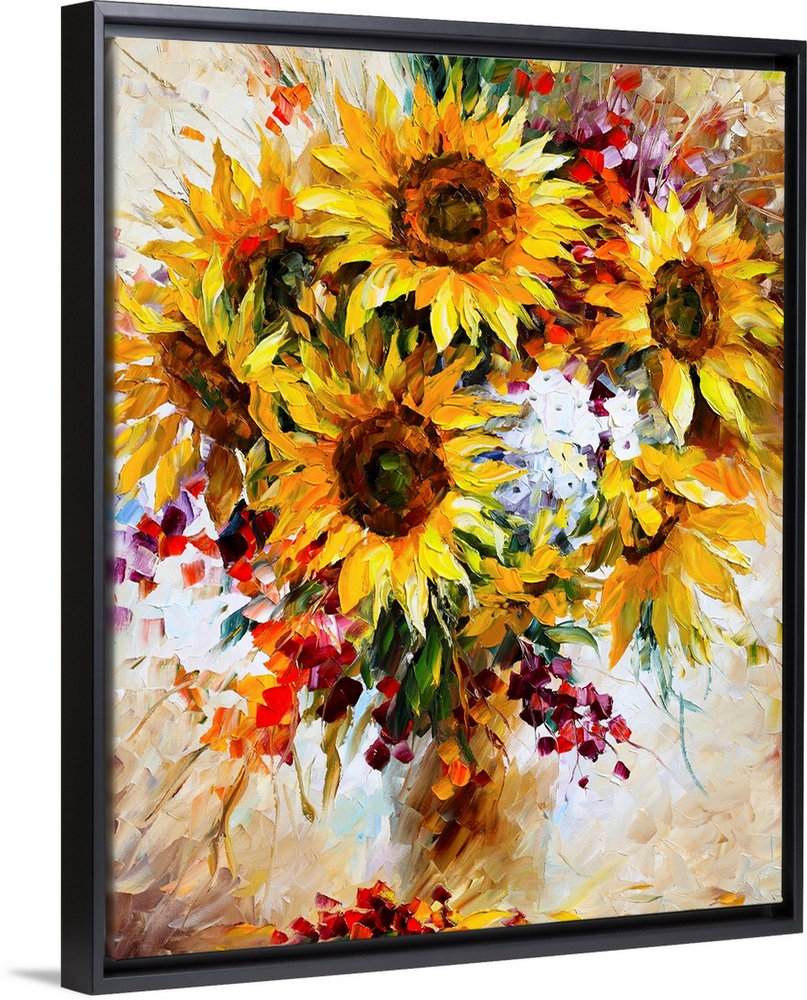 Boldly colored contemporary painting of a bouquet of sunflowers and other florals in a vase.