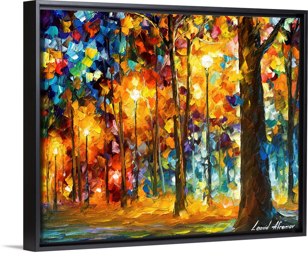 Contemporary colorful painting of a line of trees and light posts illuminated in the evening.