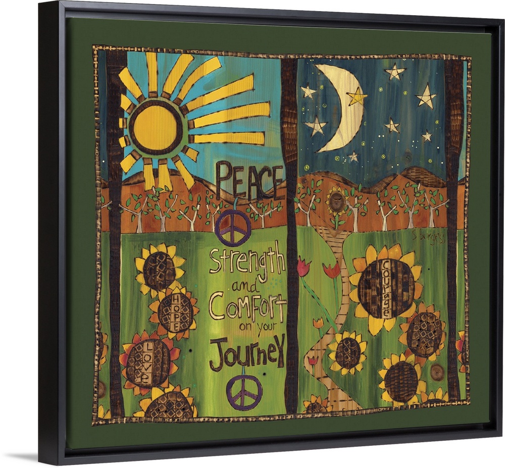 Peace Strength And Comfort On Your Journeysunflowers In Day And Night Scene With Saying