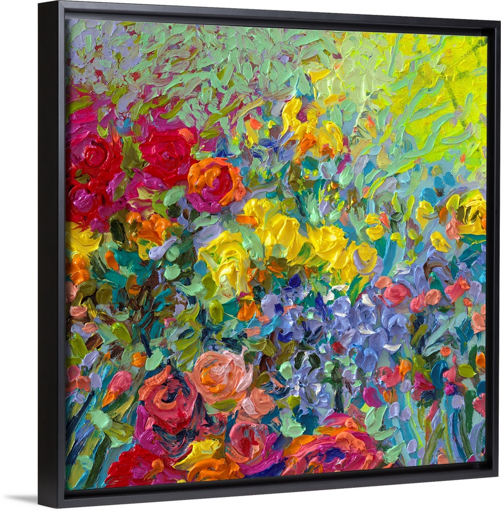 Brightly colored contemporary artwork of a field of flowers.