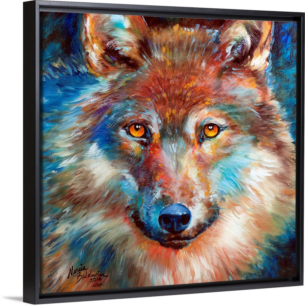Square painting of a colorful wolf made with intricate brushstrokes.