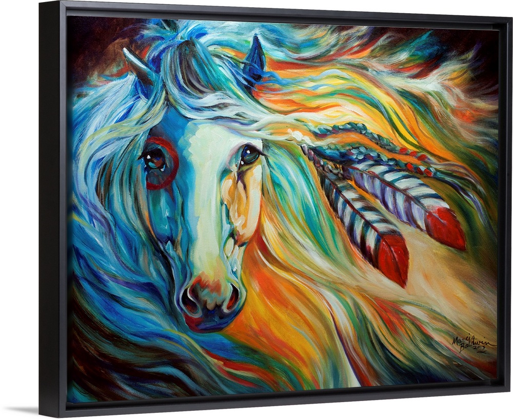 Beautiful contemporary painting of an Indian War Horse painting with war paint on its face and feathers in its mane on a d...