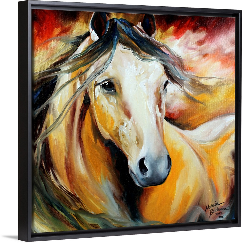 Square painting of a horse with a dark flowing mane on a yellow, red, and white background.