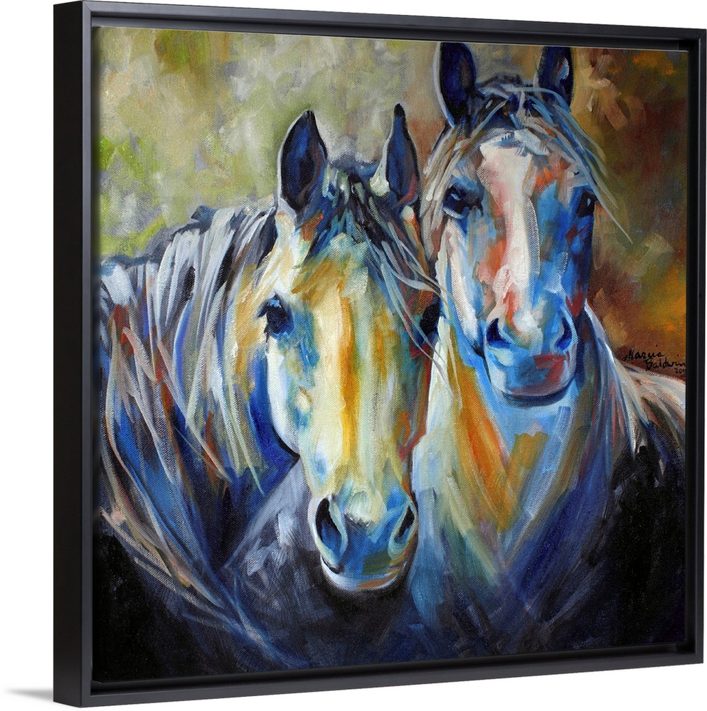 Painting of two horses standing side by side in earth tones on a square background.