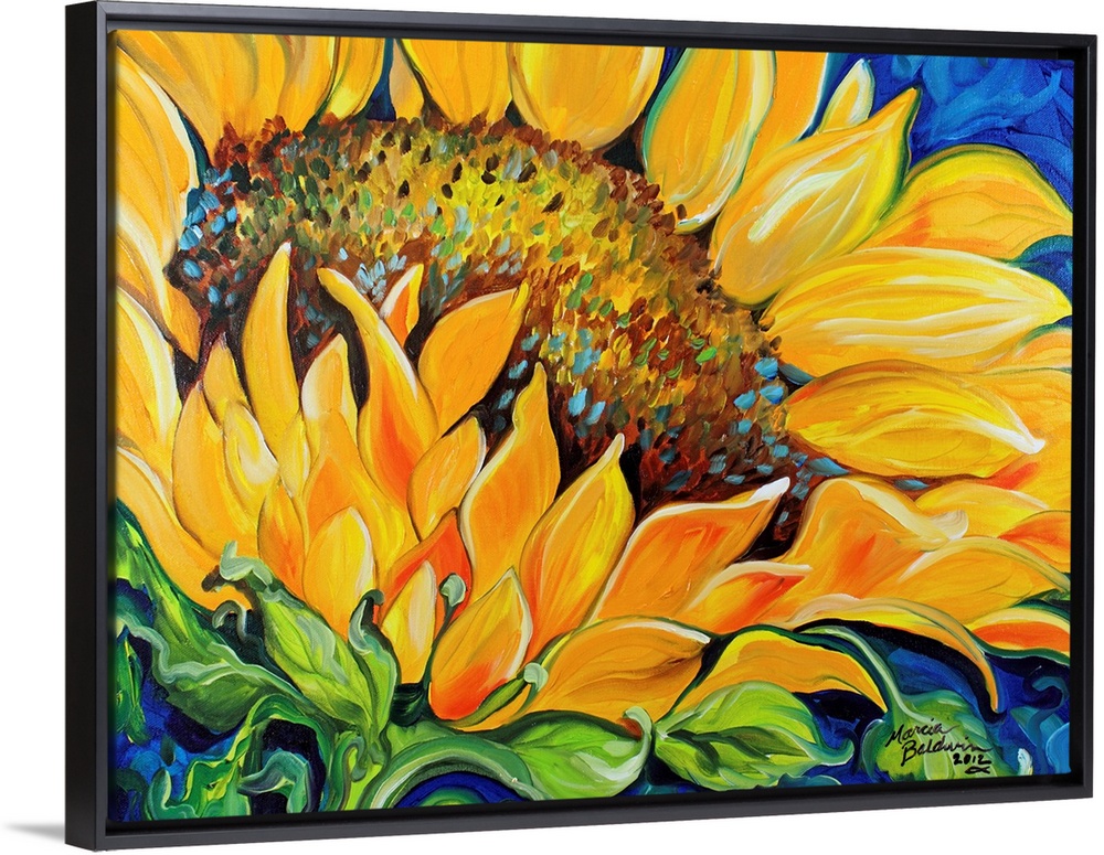 Contemporary painting of a sunflower up close on a blue background.