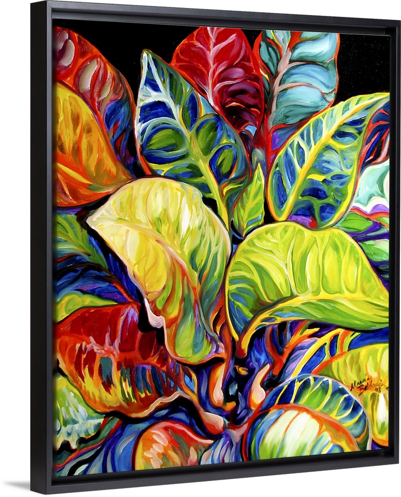 Contemporary painting of colorful tropical leaves on a solid black background.