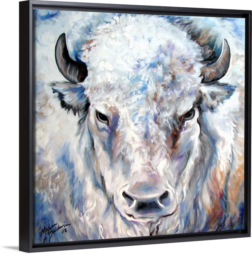 Square painting of a white buffalo created with cool tones and small brushstrokes for texture in the fur.