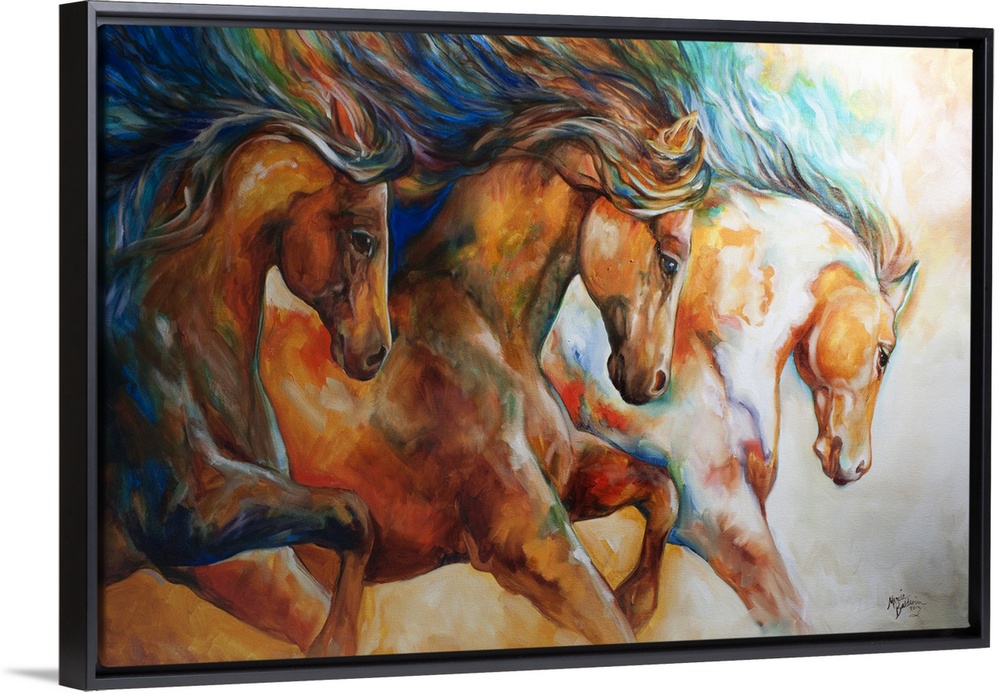 Contemporary painting of three horses galloping in action with their mane's flowing.
