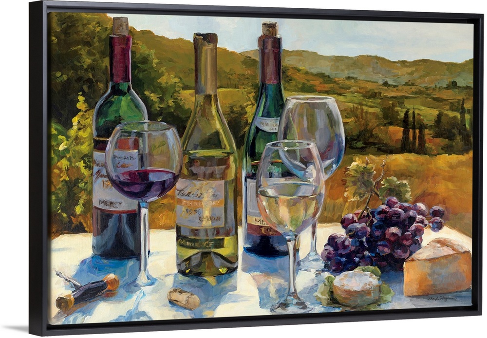 Wall art that is a hybrid still life and landscape painting of cheese, grapes, and red and white wine on display in wine c...