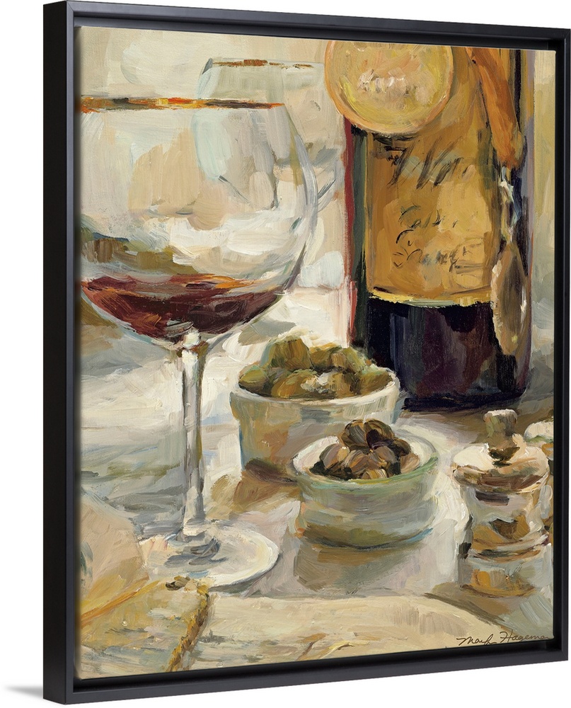 Painting depicting a nearly empty glass of wine and a wine bottle with award medals hanging around the bottle with another...
