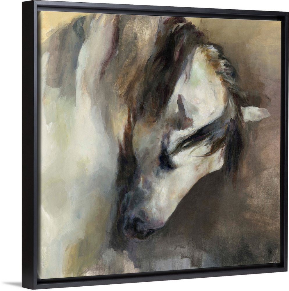 Square abstract painting of a horse in neutral colors.