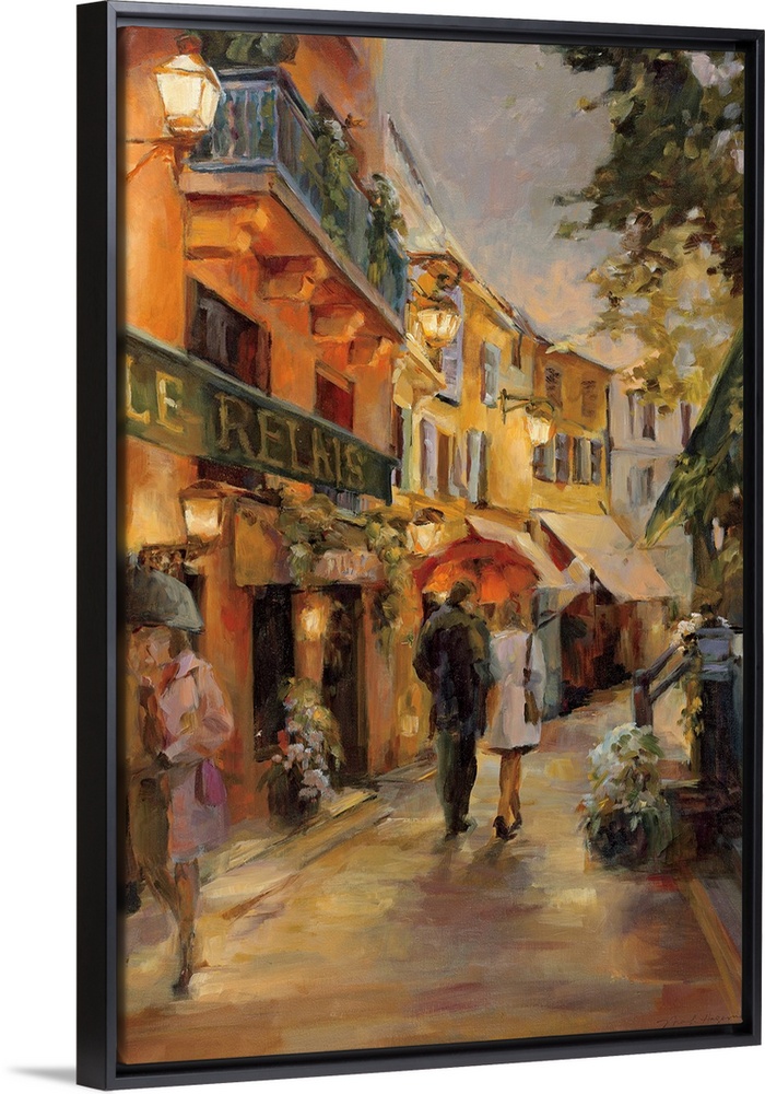 Vertical, contemporary painting of a couple walking through the rain under an umbrella down a winding Parisian street.