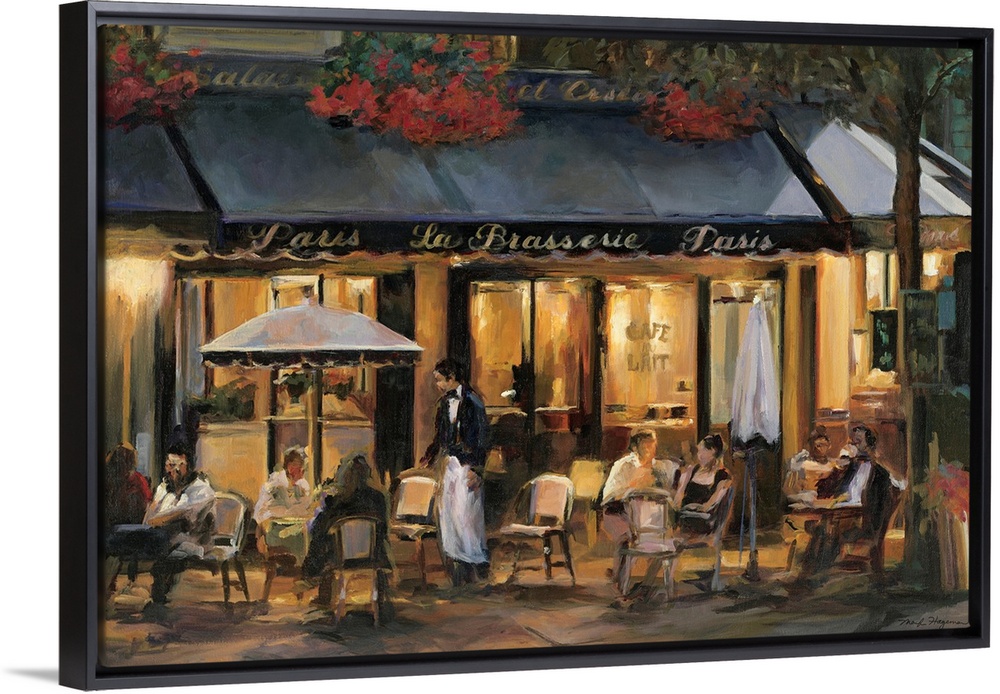 Cafo patrons sit at tables outside in the soft glow of the Parisian evening light. This is a contemporary horizontal paint...
