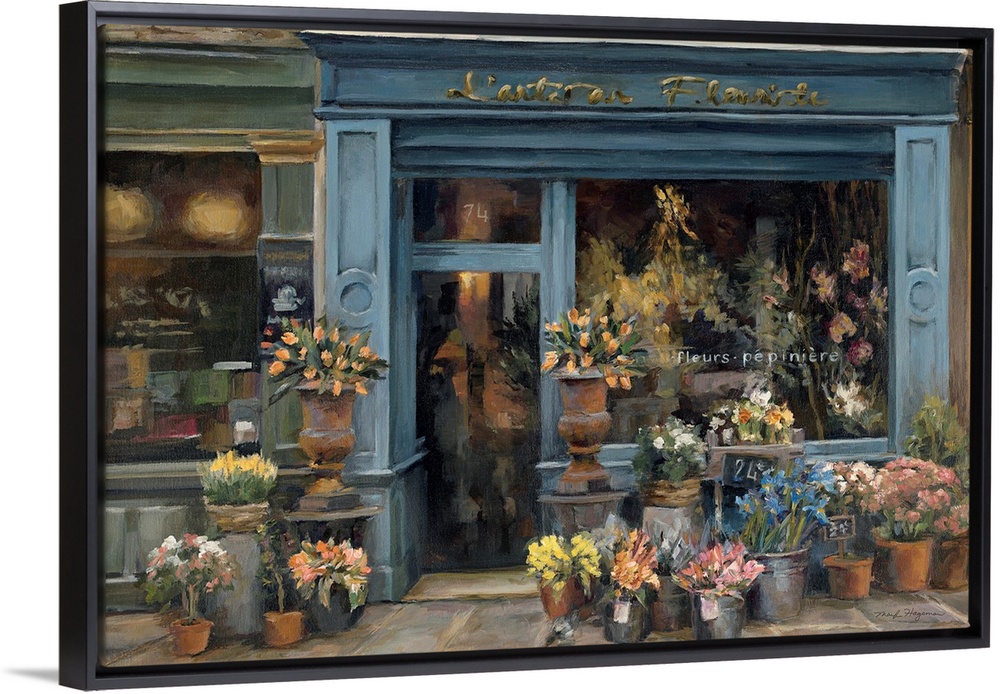 This contemporary painting depicts a French flower shop surrounded with buckets crowded with fresh blossoms.