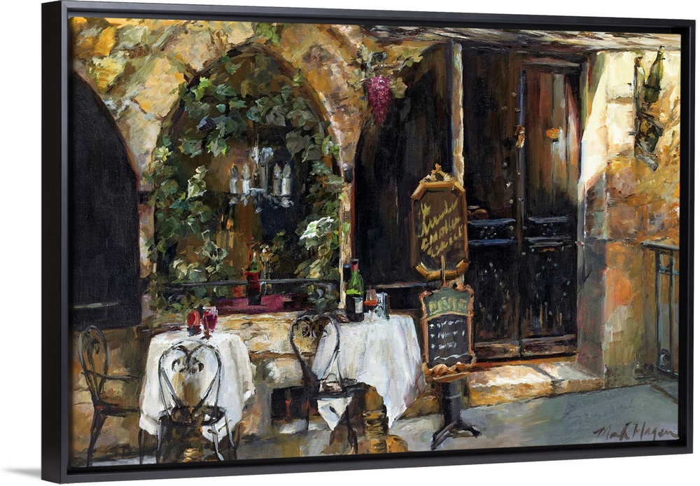 An impressionistic painting of an outdoor cafo in a rustic European city.