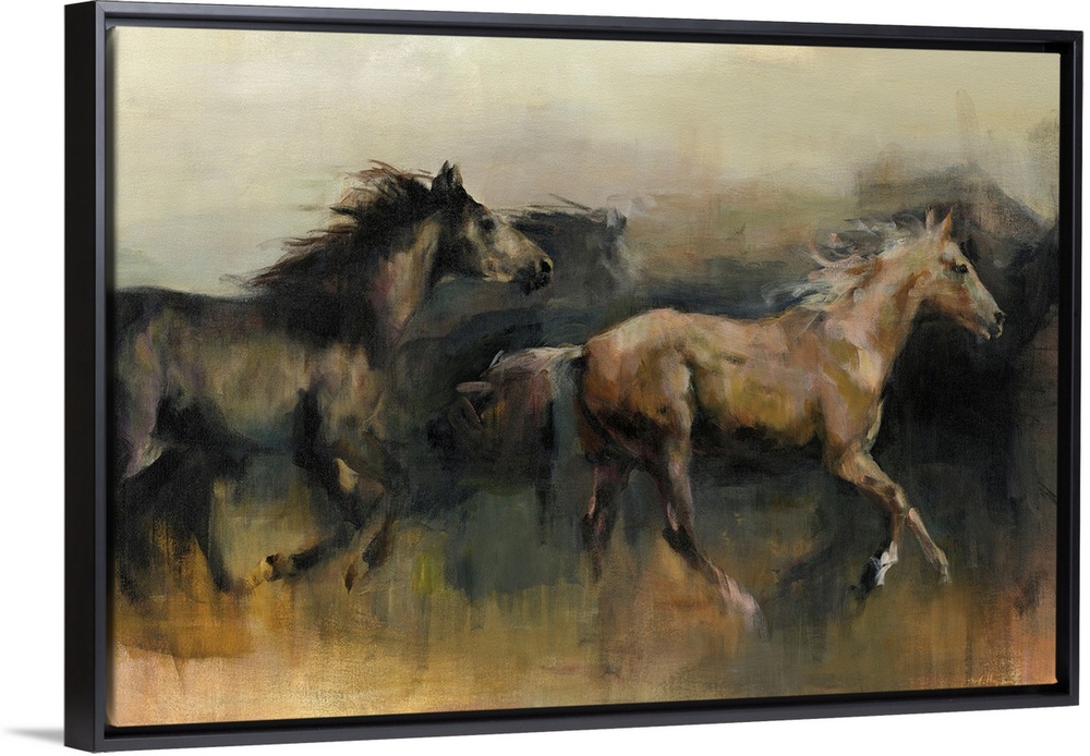 Contemporary painting of a black and a brown horse galloping in the western desert.