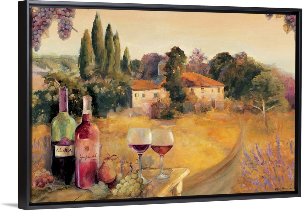 Large horizontal painting of a road leading to a Tuscan vineyard amongst groups of trees in the background.  A table of wi...