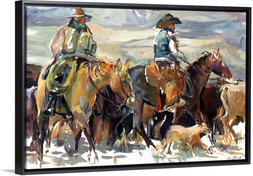 Cowboys on horseback fording cattle through a river.