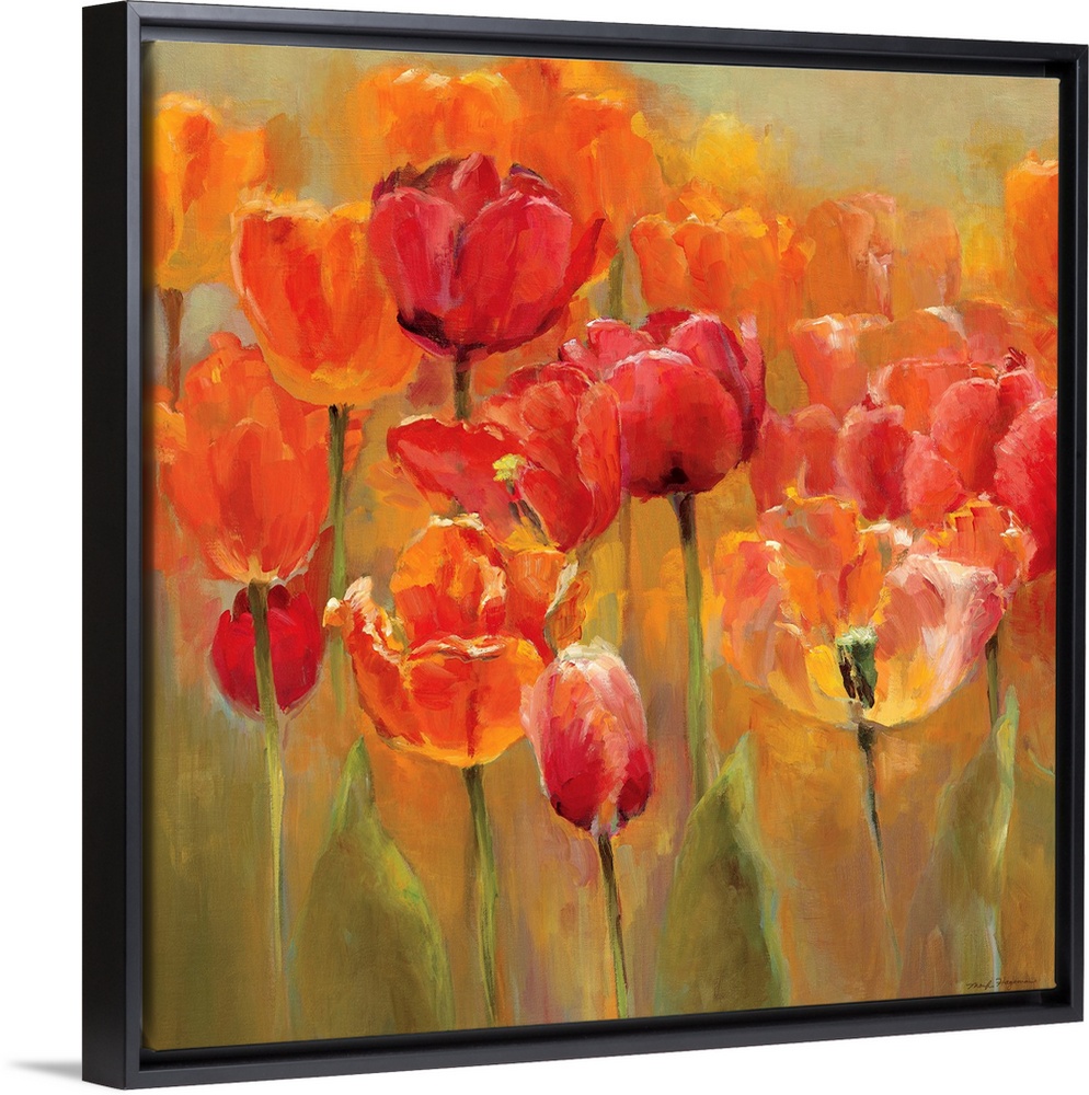 Square painting of tulips with flame colors on a neutral background.