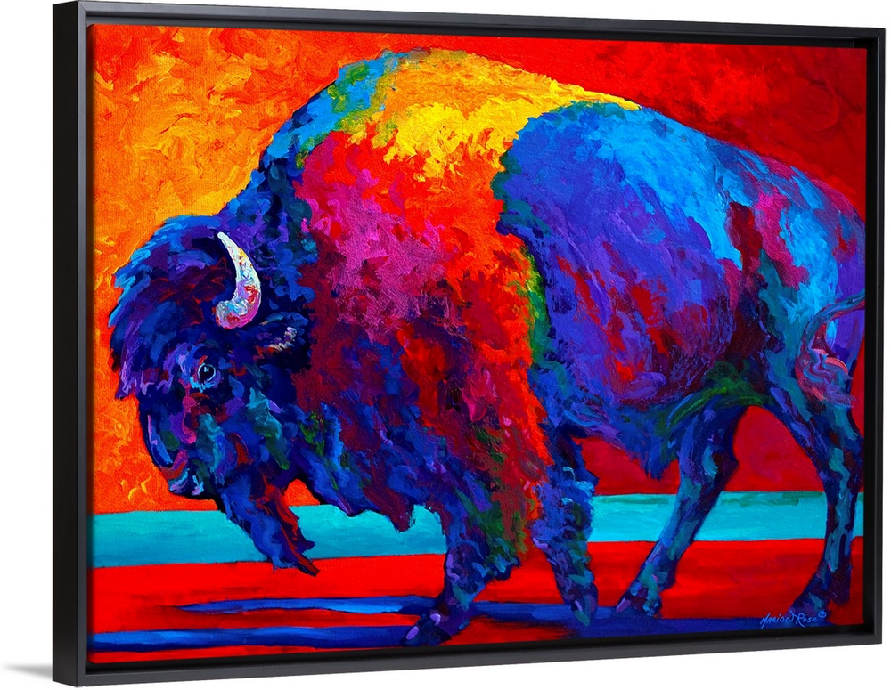 Giant contemporary art focuses on the profile of a lone humpbacked shaggy-haired wild ox through the heavy use of vibrant ...