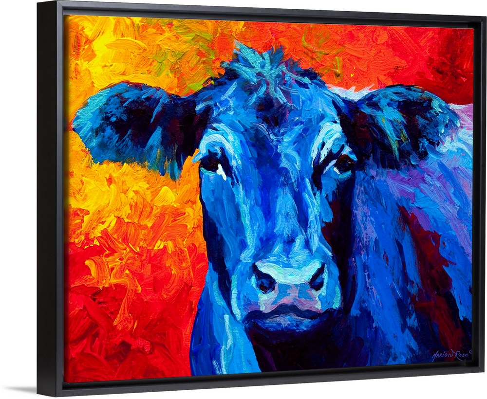 A contemporary portrait of a barn yard animal painted with bold brushstrokes and unusual colors.