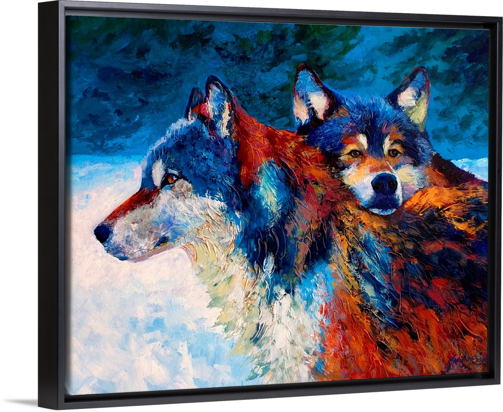 Contemporary painting of two wolves in the snow at night.
