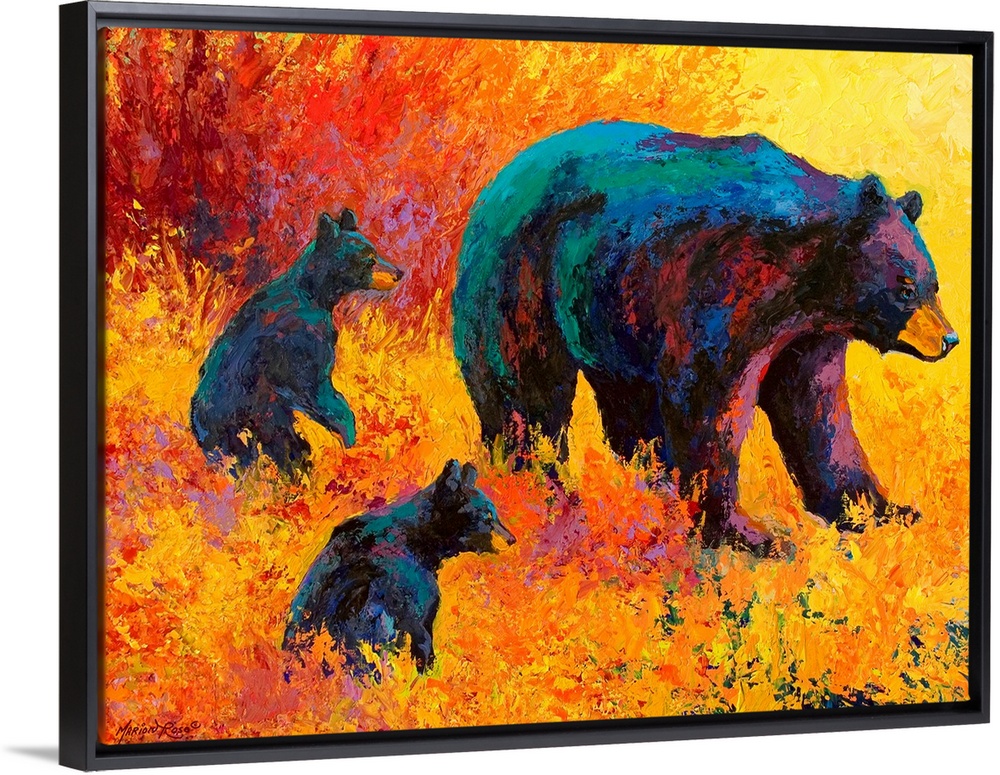 Contemporary artwork of a mother black bear with her two cubs by her side amongst warmly colored foliage.