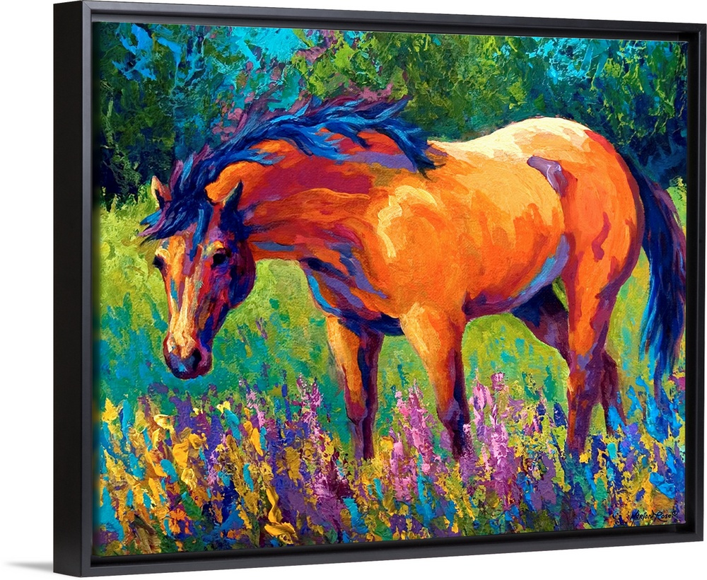 A contemporary painting of a horse gazing in the outdoors surrounded by wild flowers; this horizontal painting makes use o...