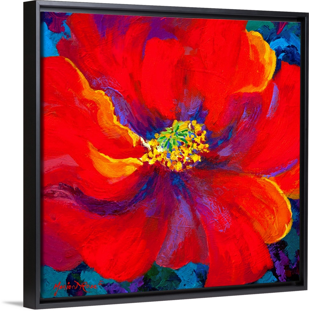 A contemporary artwork piece of a large red flower with accents of colors painted within it and a blue background.