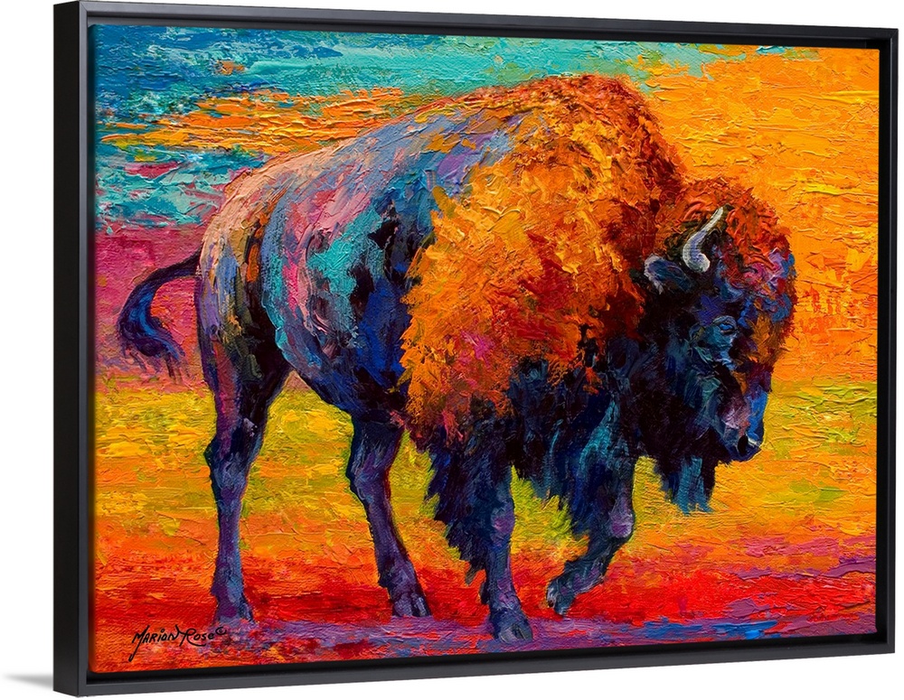 A contemporary artwork piece of a bison that uses various colors for the bison and the background.