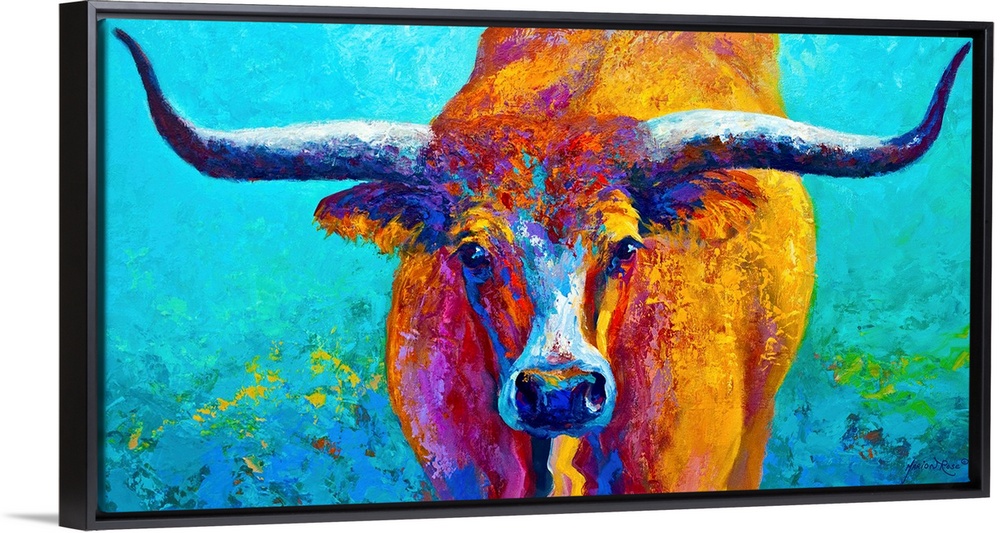 Contemporary panoramic painting of a bull with its horns extending to both ends of the image.