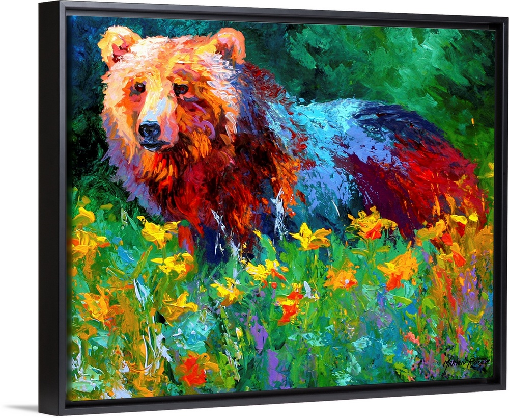 Impressionalistic painting of a large bear in the middle of a field of flowers with a forest in the background.