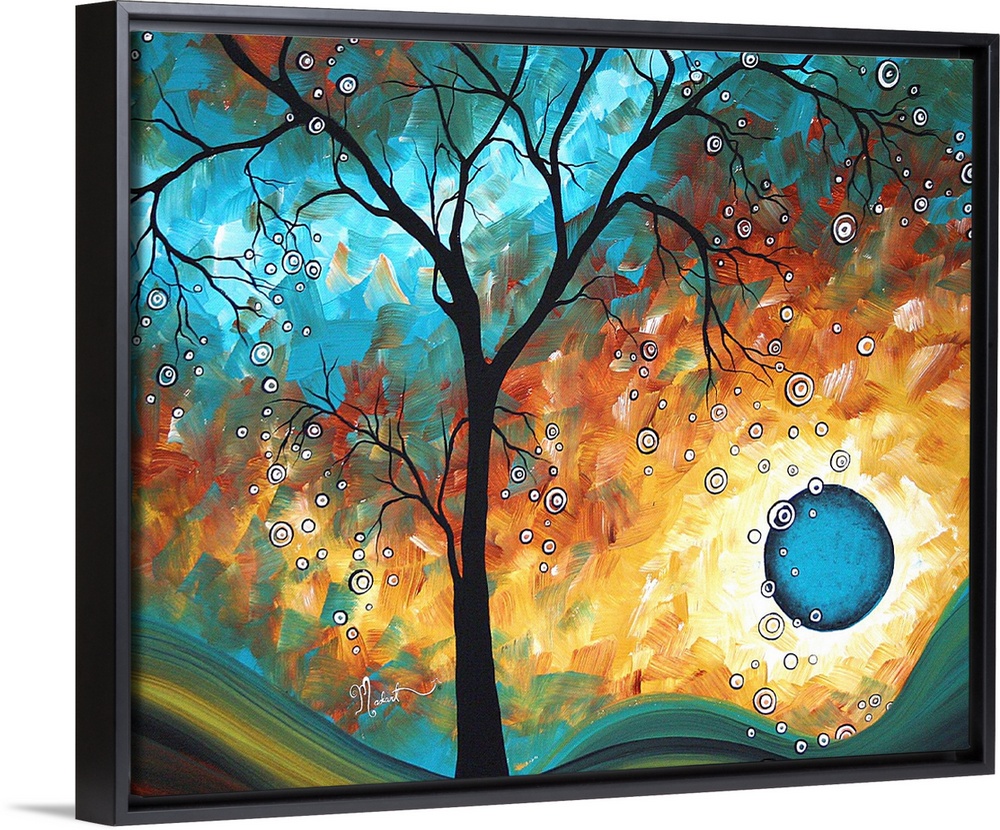 This is an abstract painting of a silhouetted tree in front of a multi-hued psychedelic landscape.