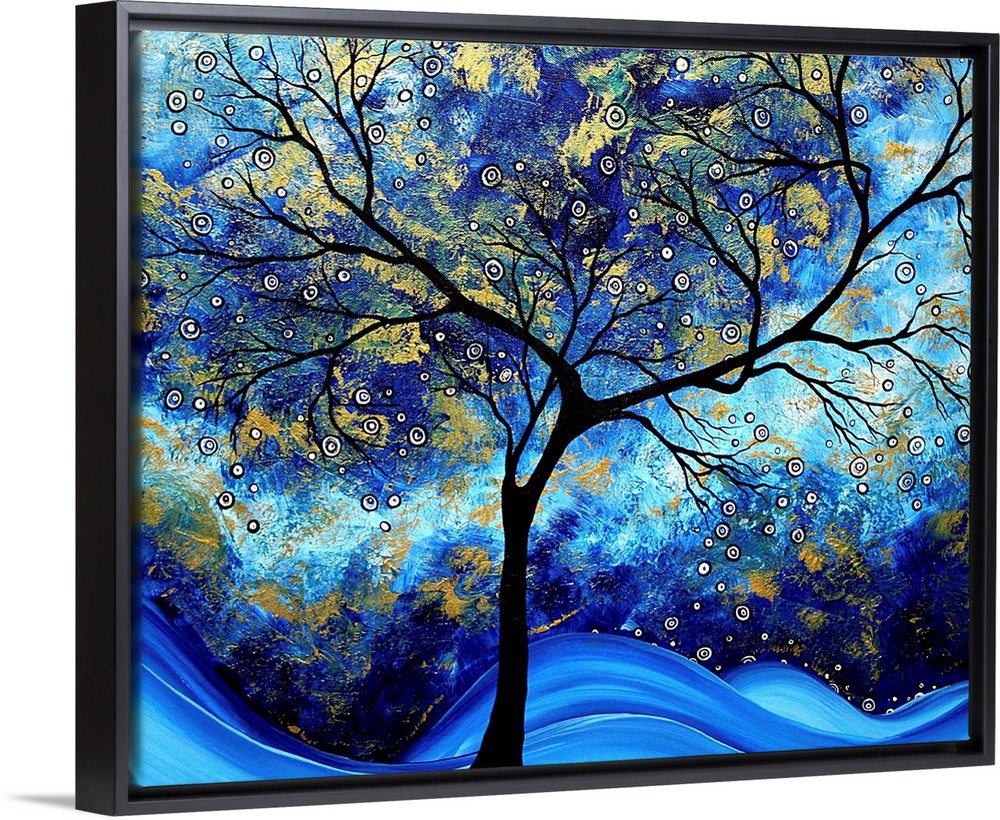 Contemporary abstract painting of tree silhouette with tie-dye background.  There are also small circles scattered through...