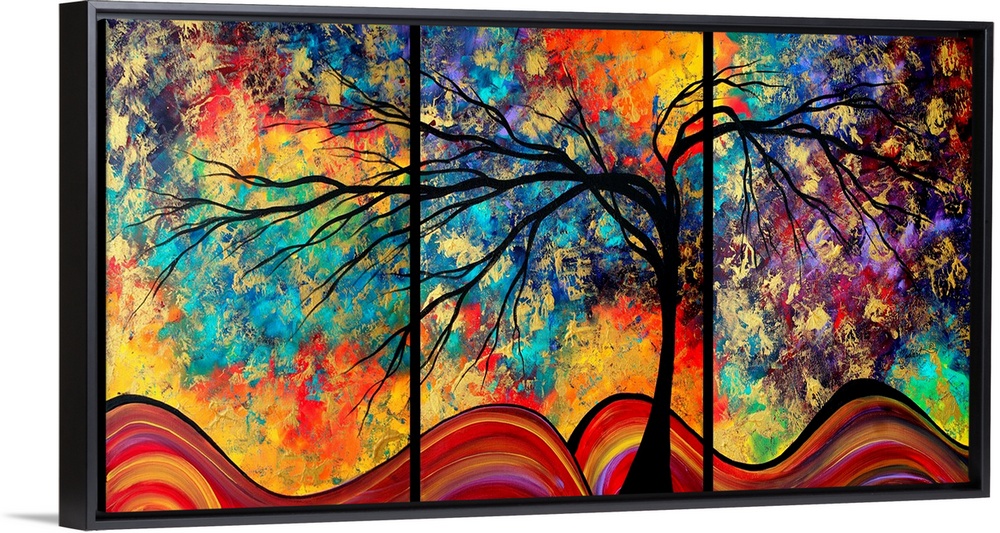 An abstract tree in front of a surreal, other worldly sky in this horizontal art work perfect for a triptych.