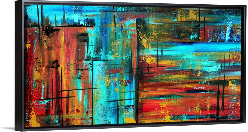 This is a horizontal contemporary painting of neon colors and dark streaks creating a wild and abstract composition.