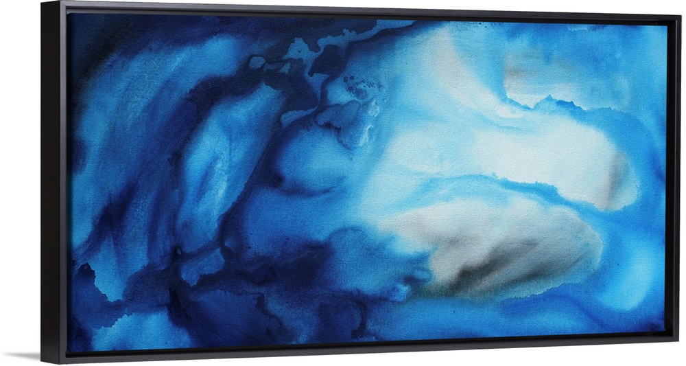 Large monochromatic abstract art composed of cool tones has a fluid motion as the colors begin to blend together.  Artist ...