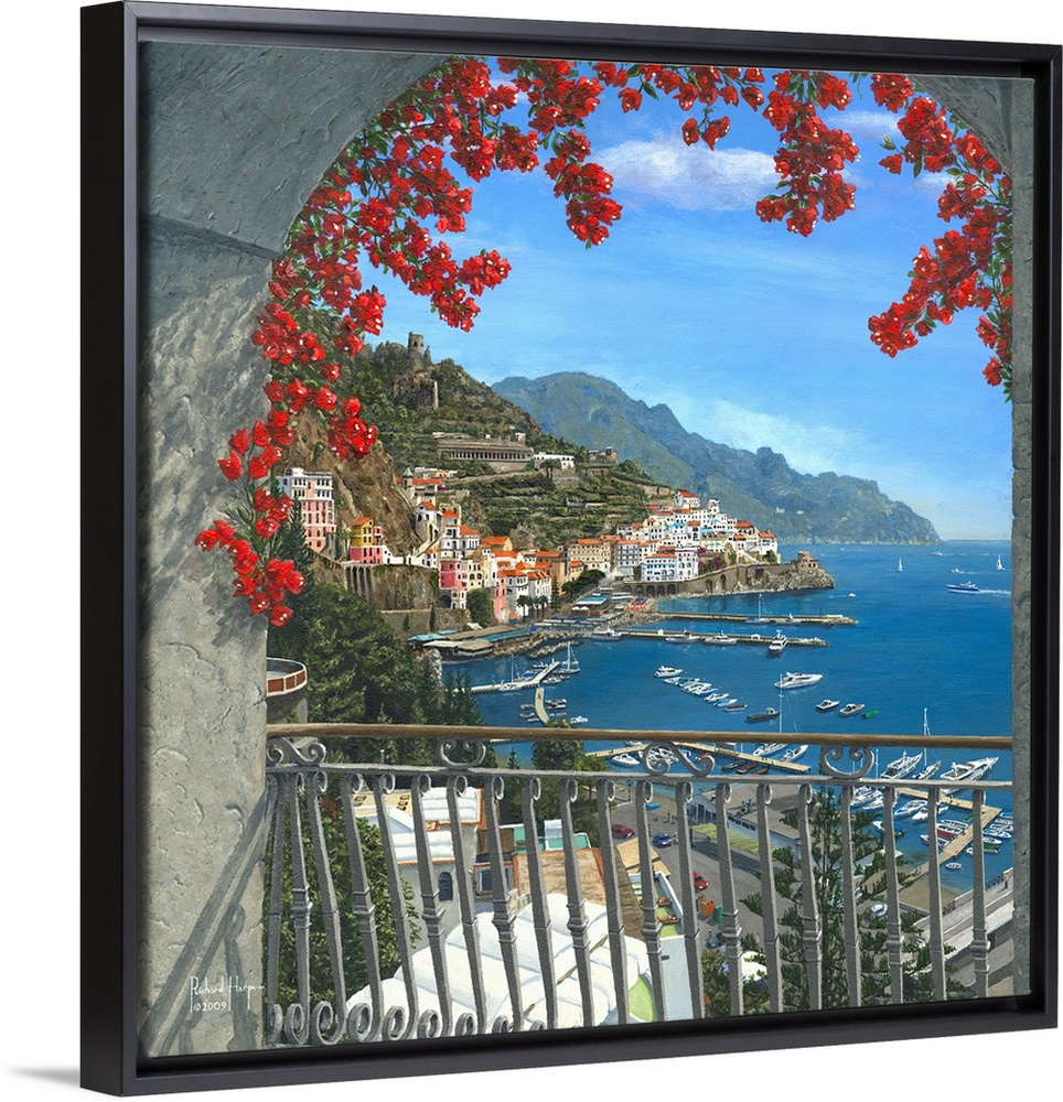 Contemporary painting of a view of a European harbor from a floral adorned balcony.