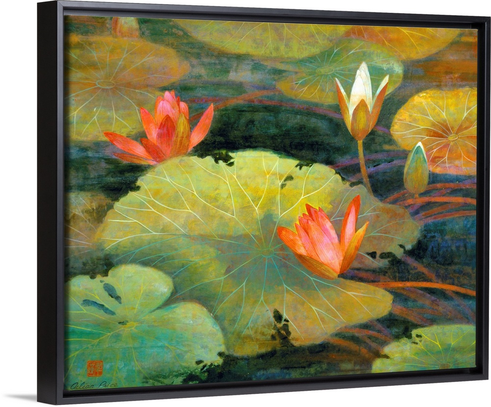 This is a horizontal, contemporary painting full of detail of lily pads and lotus blossoms floating in a murky pond.