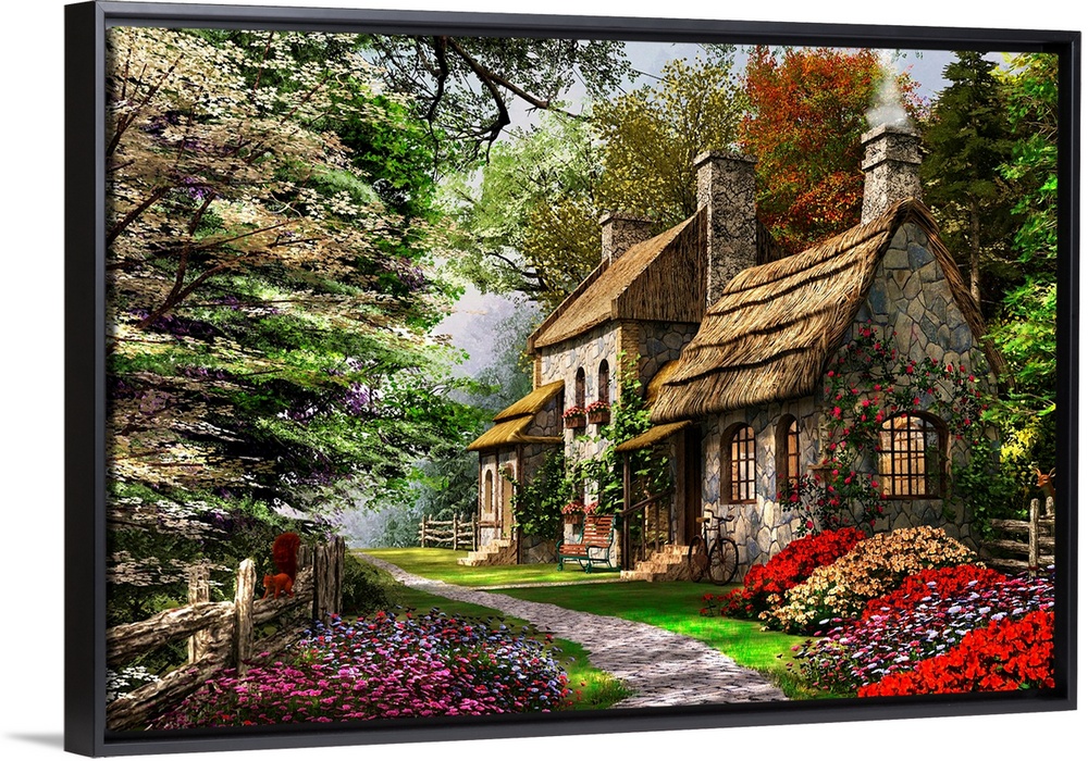 Decorative art for the home or cabin this cozy painting of a thatched roof home in the forest surrounded by blooming flowers.