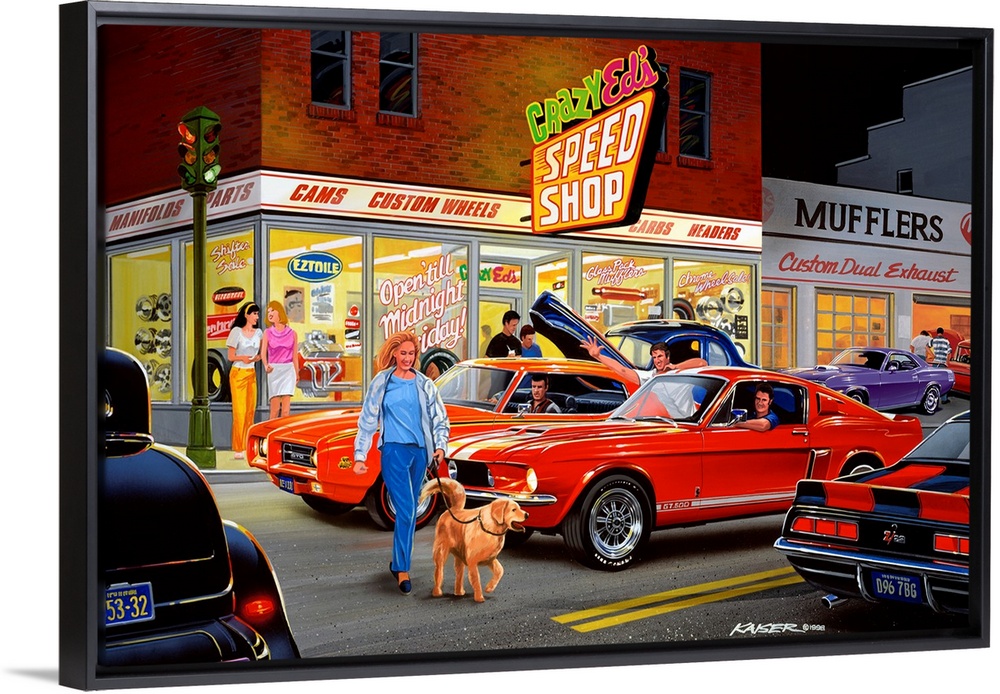 A contemporary painting of a woman and her dog crossing a Mustang, GTO, Z-28 Camaro and a Ford Hot Rod in the street  in f...