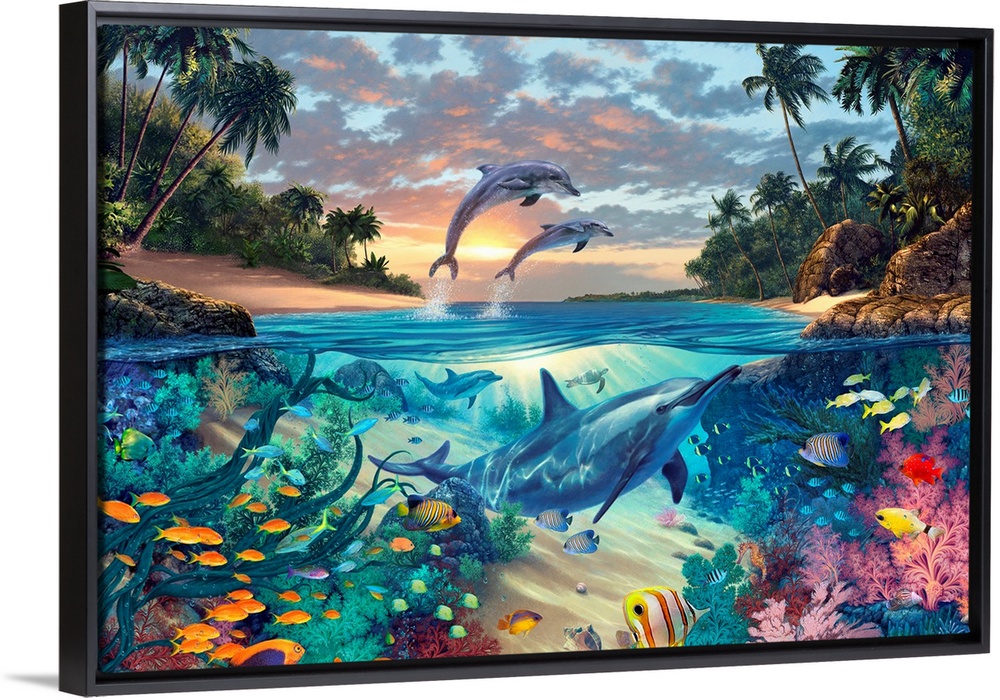 Big fantasy painting on canvas of dolphins swimming underneath the water with other fish and two dolphins jumping out of t...