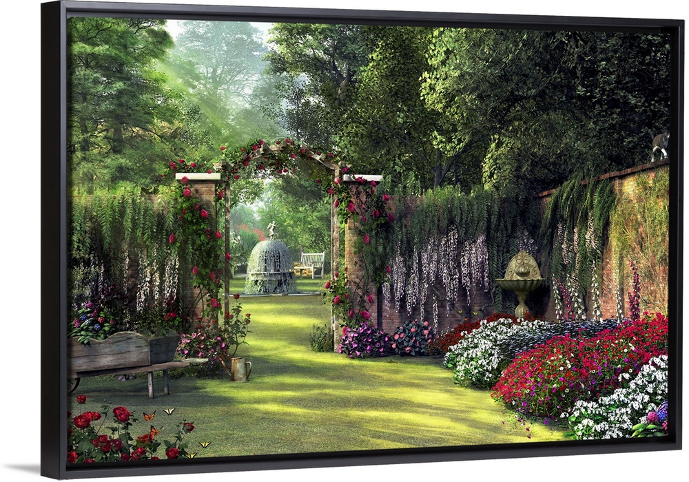 Horizontal painting on a big canvas of a flower garden surrounded by a stone wall and large trees, an old wheelbarrow and ...