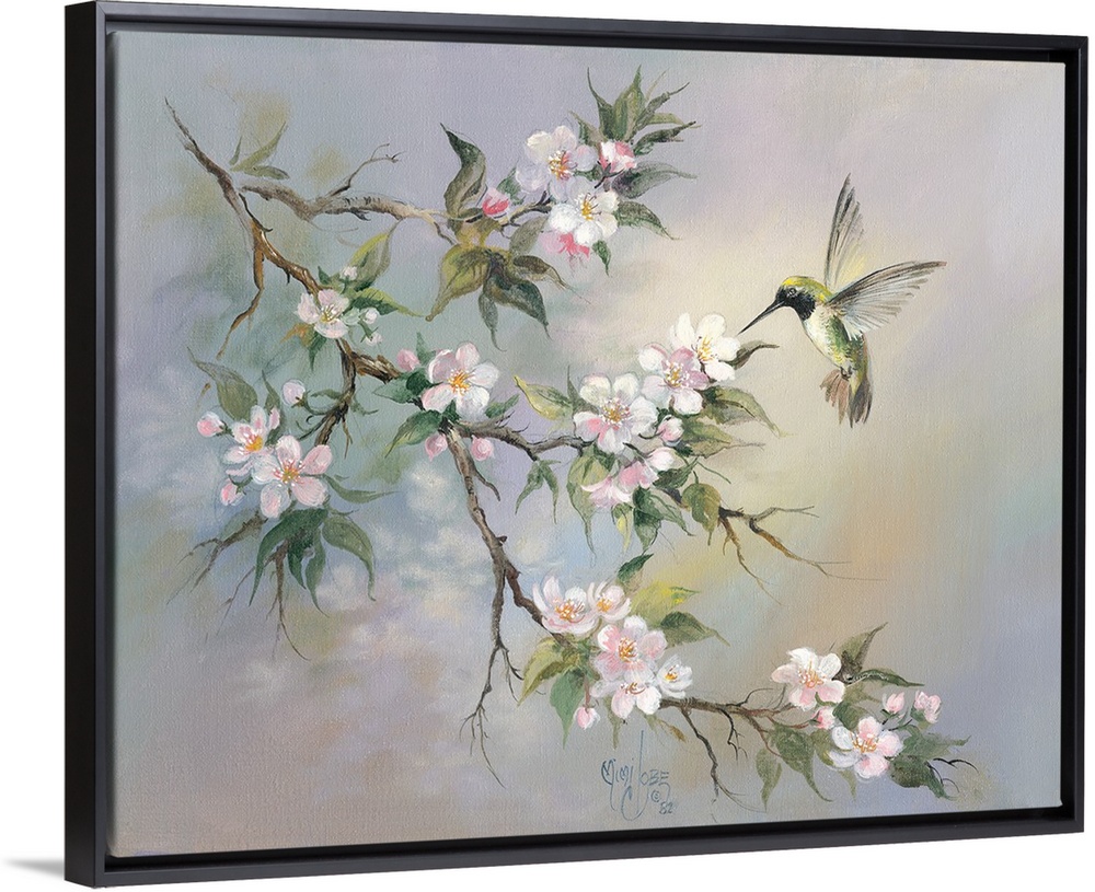 Contemporary whimsical artwork of a hummingbird at a flowering branch.