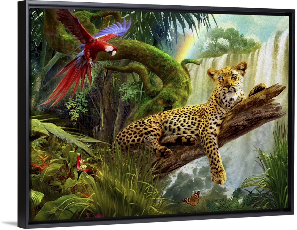 Whimsy illustration of a leopard on a log in the jungle with a waterfall in the background and a parrot flying to the side.