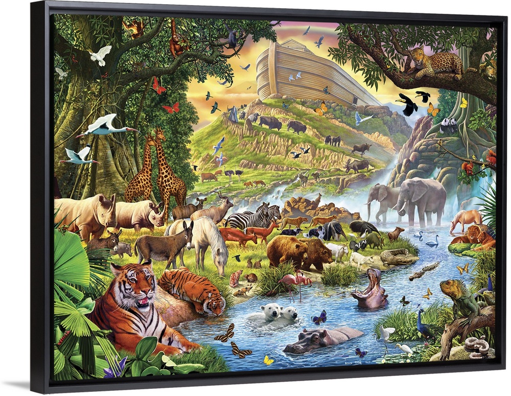 Colorful artwork of Noah's Ark in a lush green landscape with thousands of animals all around.