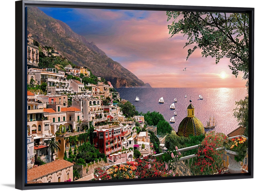 Photograph of village commune off the Amalfi Coast in Campania, Italy overlooking an ocean sunset, with boats sailing in t...
